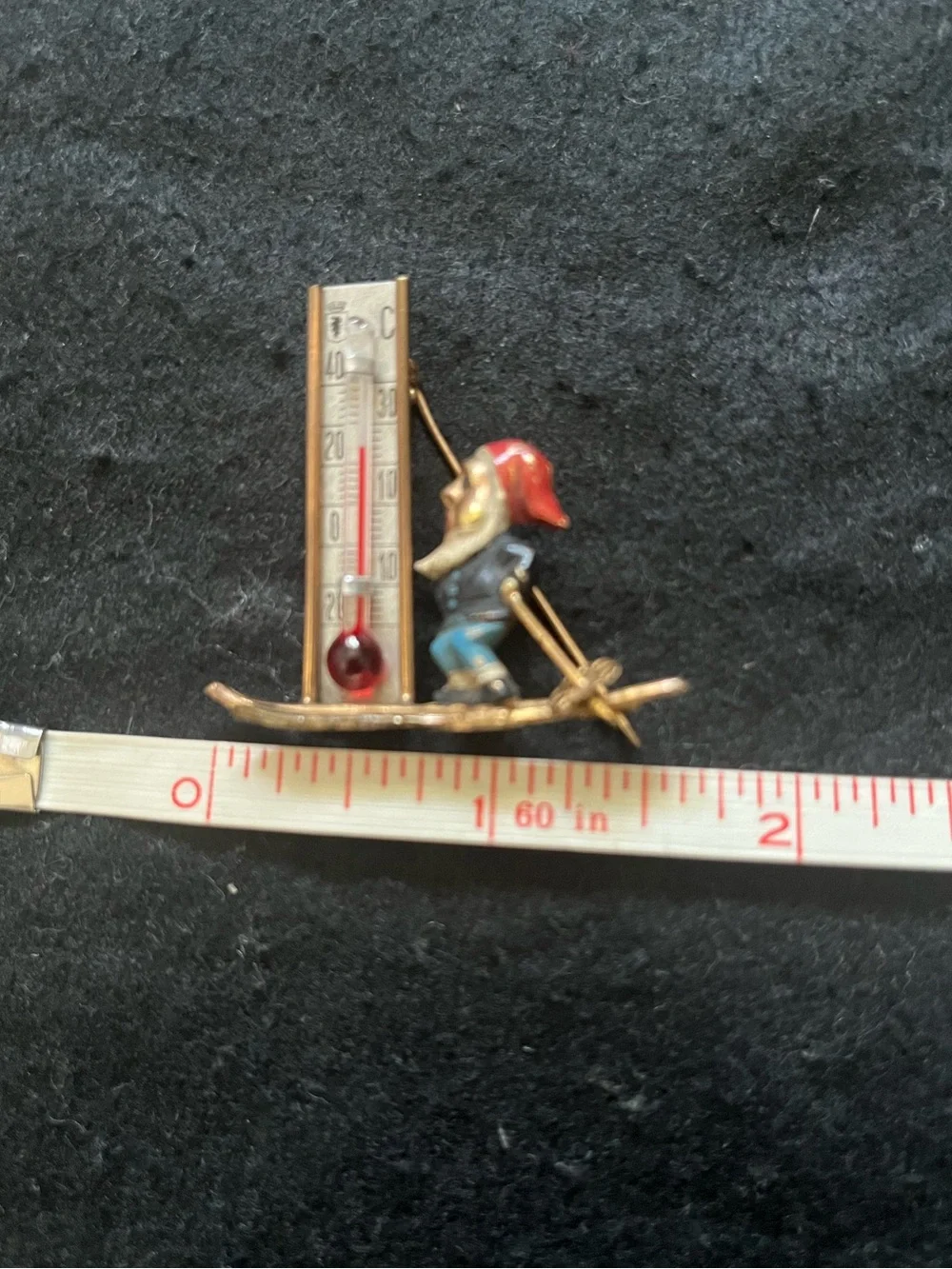 Vintage Whimsical Gold tone & Enamel Skiing Gnome Thermostat Brooch Pin